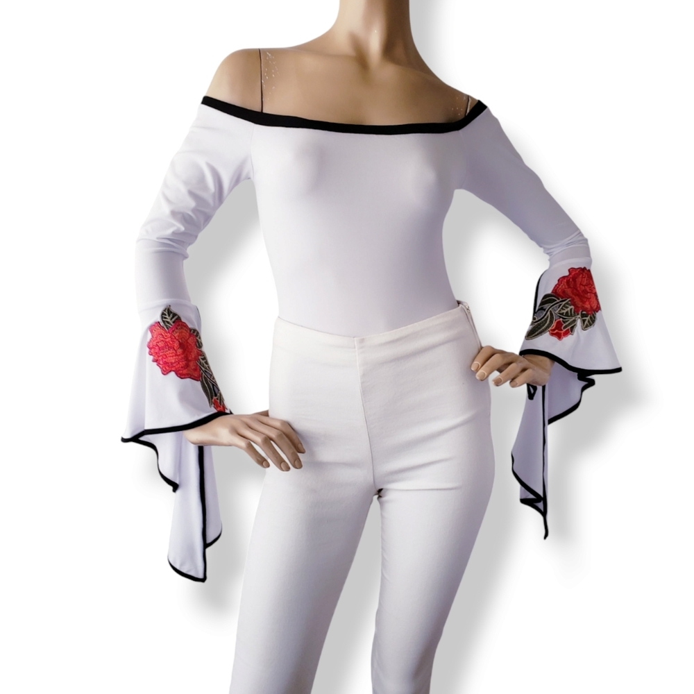 White Off Shoulder Bodysuit with Embroidered Sleeves by Topia